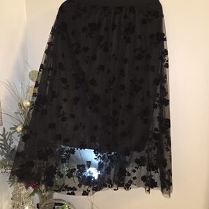 Elegant Black Velvet Floral Tulle Midi Skirt Gothic Romance Holiday Glam Party